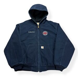 VTG Carhartt Jacket Mens 2XL Navy Blue Hooded Union Made J131 DNY USA *Fire Dept